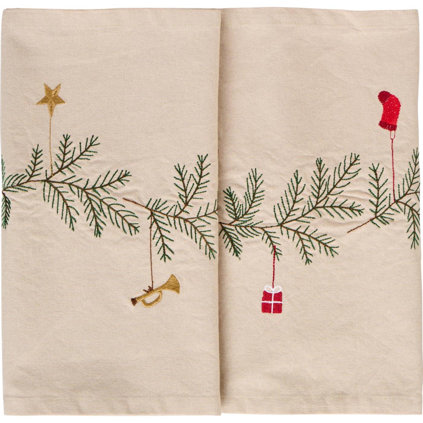 Ib Laursen Tischläufer Tradition mit Tannengirlande und Weihnachtsschmuck leinenfarbig