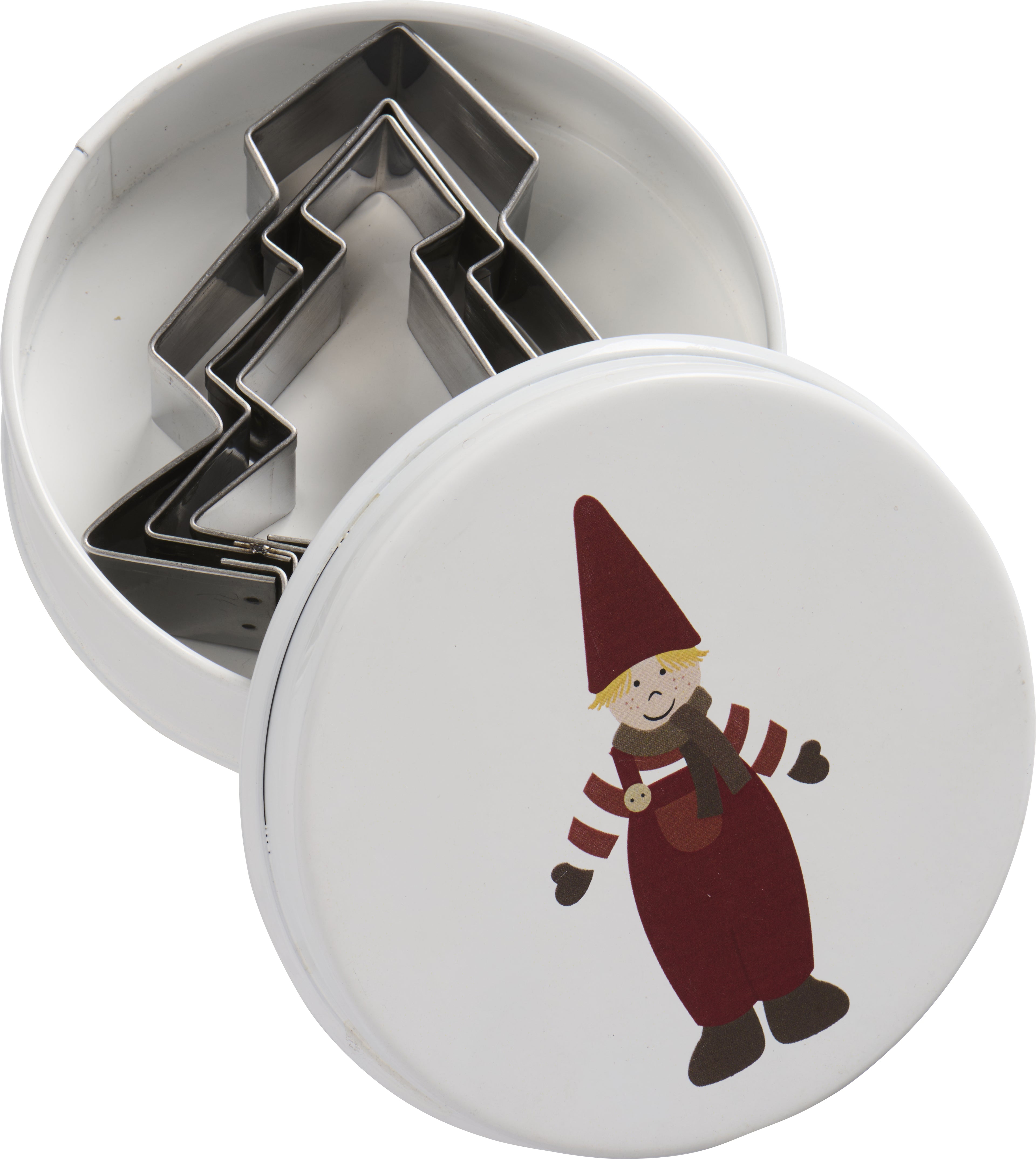 Dose m/3 Tannenbaum-Keksausstechern, Wichtelmännchen auf Deckel