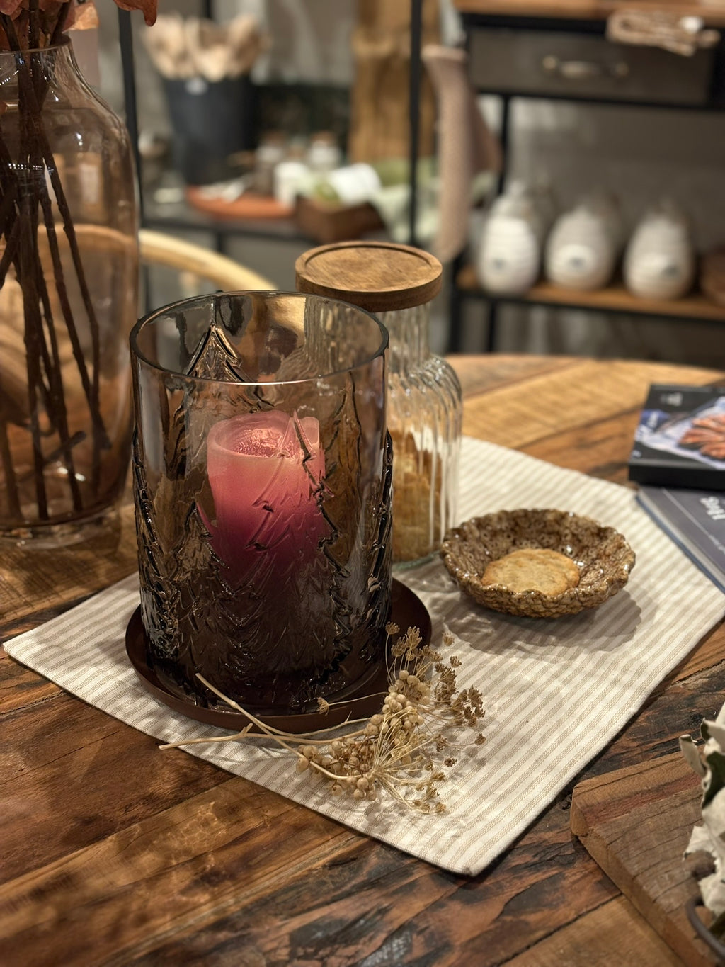 Kerzenglas/ Vase mit Tannenwald-Motiv, hoch, grau