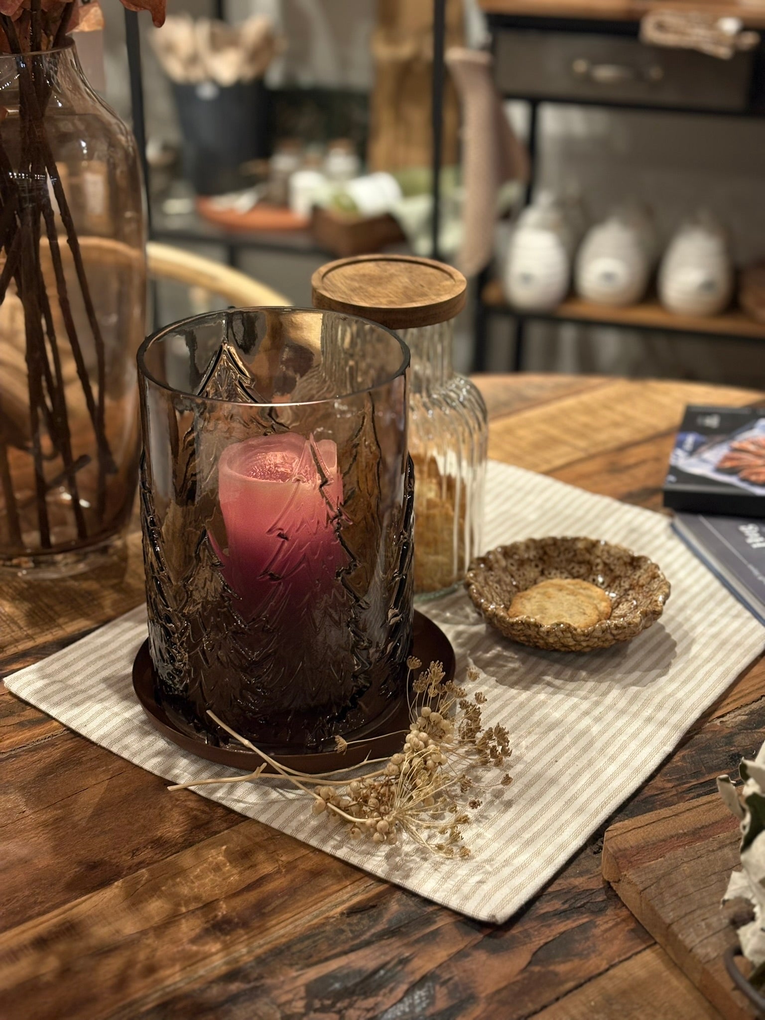 Kerzenglas/ Vase mit Tannenwald-Motiv, hoch, grau