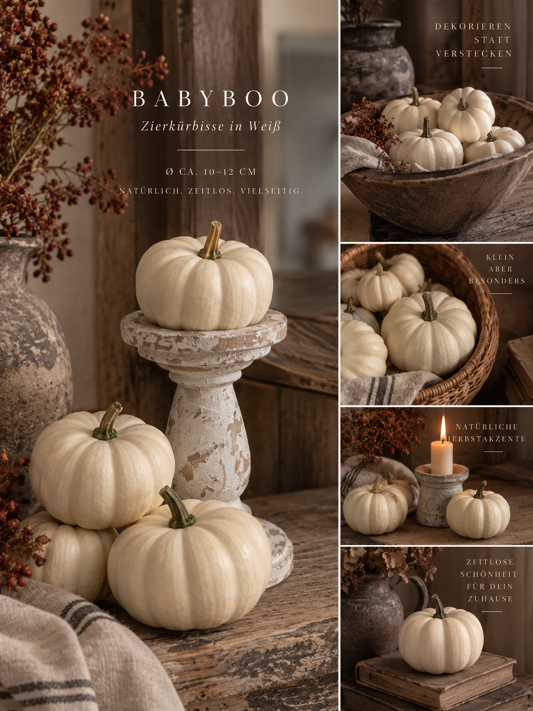 Baby Boo – weiße Zierkürbisse "Herbstkinder" · Ø ca. 10–12 cm