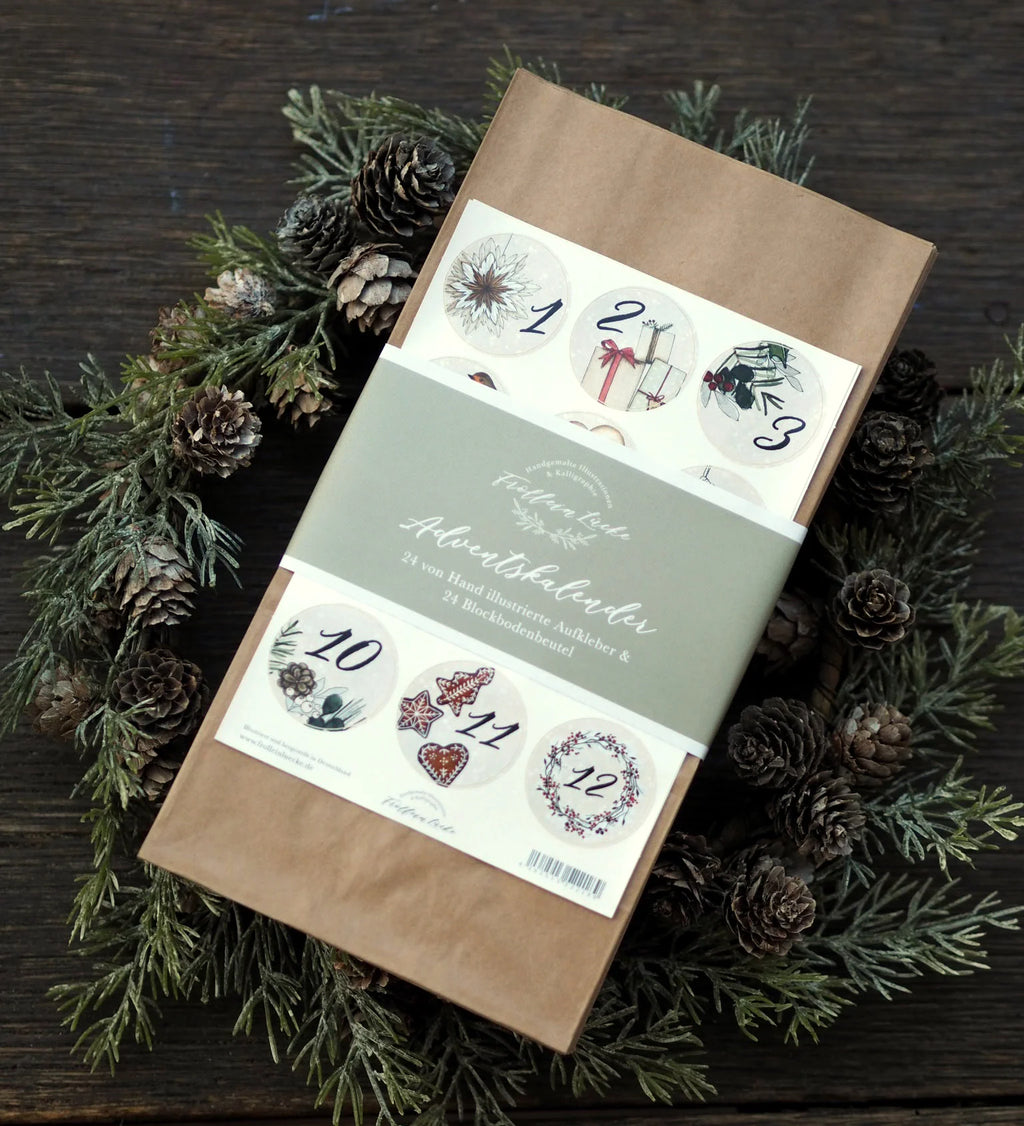 Frollein Lücke Adventskalender-Set mit 24 Kraftpapier-Blockbodenbeutel mit 24 handgemalten Aquarell Aufkleber