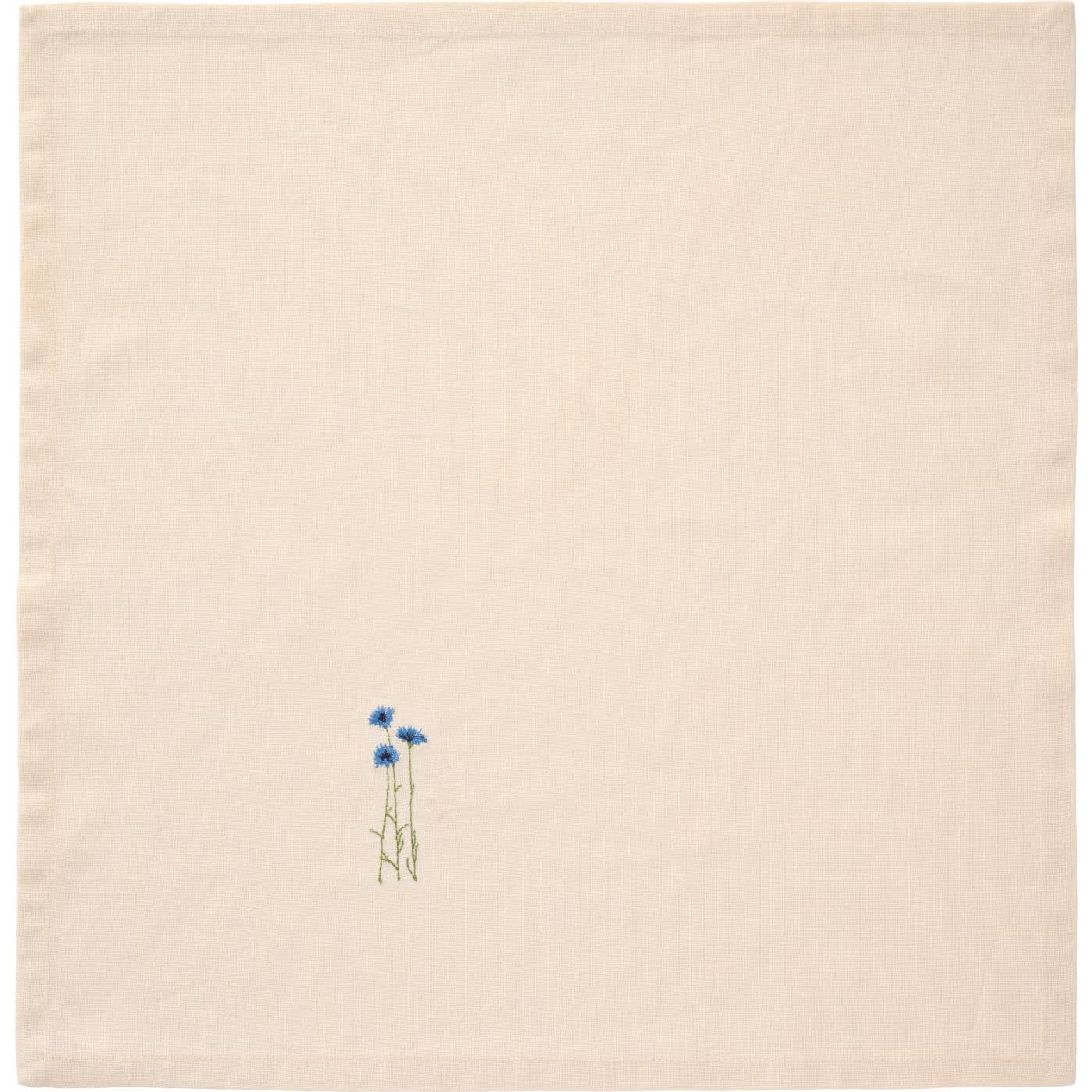 Ib Laursen Stoffserviette Flora mit aufgestickten blauen Kornblumen, Farbe butter cream